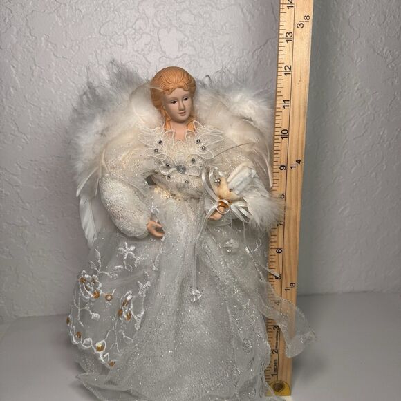 Angel Tree Topper Christmas White‎ with Beads Tulle Feathers 12 In - Picture 11 of 11